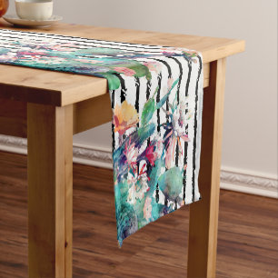 Pretty watercolor cactus floral and stripes design short table runner
