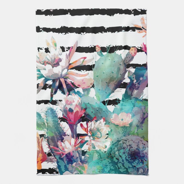 Pretty Watercolor Cactus Floral Black Stripes Tea Towel (Vertical)