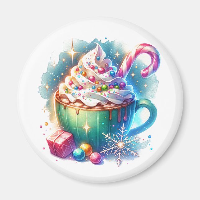 Pretty Watercolor Christmas Cup of Hot Cocoa Magnet (Front)
