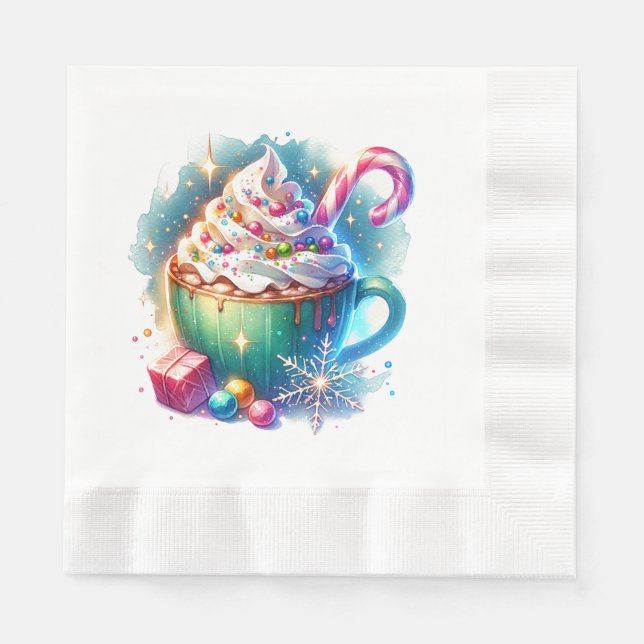 Pretty Watercolor Christmas Cup of Hot Cocoa Napkin (Front)