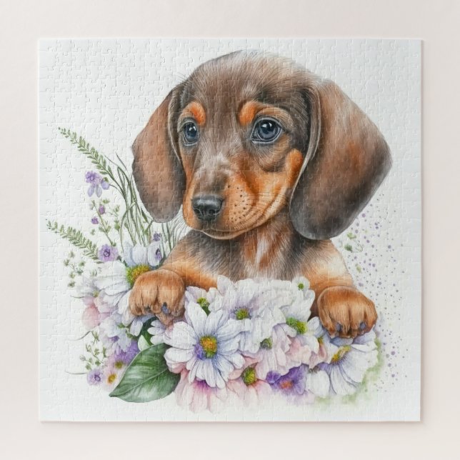 Pretty Watercolor Dachshund Puppy Floral Jigsaw Puzzle (Vertical)
