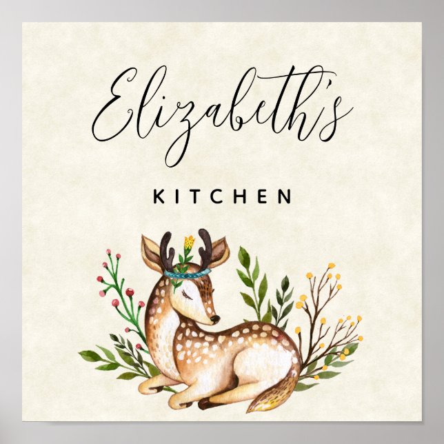 Pretty Watercolor Deer Boho Business Kitchen Poster (Front)