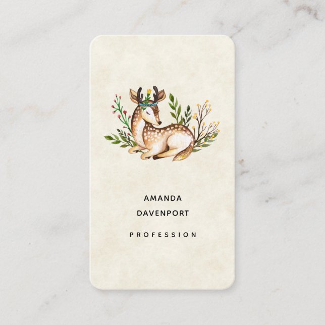 Pretty Watercolor Deer Laying Down Boho Business Card (Front)