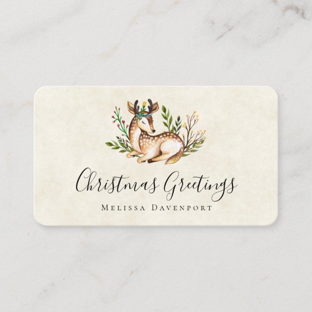 Pretty Watercolor Deer Laying Down Boho Christmas Business Card (Front)