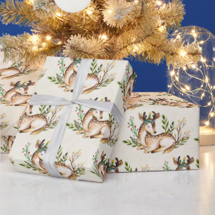 Pretty Watercolor Deer Laying Down Boho Christmas Wrapping Paper