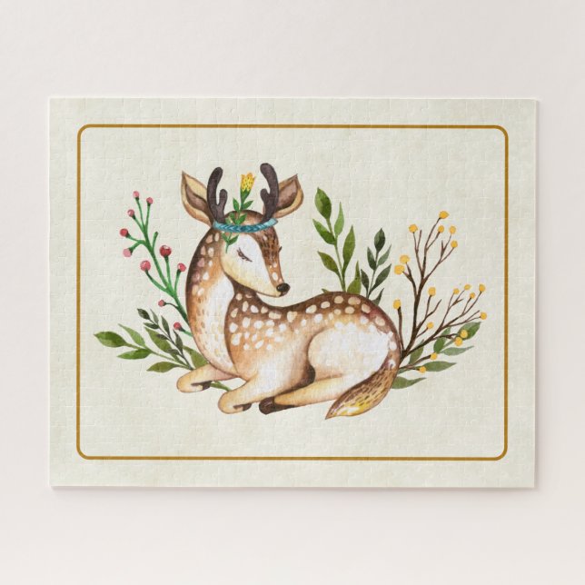 Pretty Watercolor Deer Laying Down Boho Jigsaw Puzzle (Horizontal)