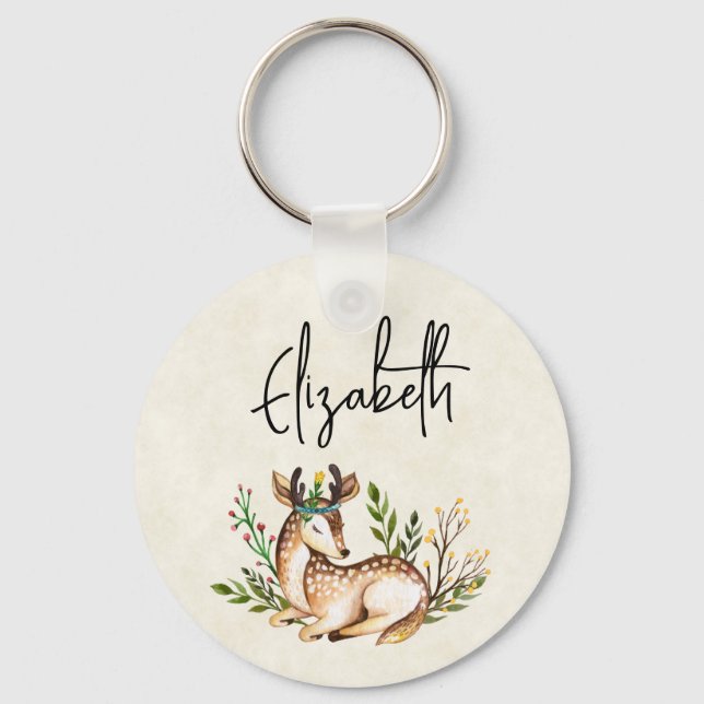 Pretty Watercolor Deer Laying Down Boho Key Ring (Front)