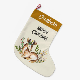 Pretty Watercolor Deer Laying Down Boho Large Christmas Stocking