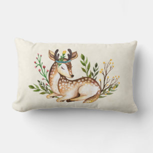 Pretty Watercolor Deer Laying Down Boho Lumbar Cushion