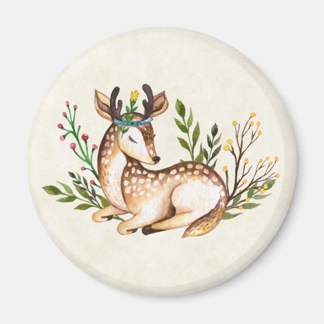 Pretty Watercolor Deer Laying Down Boho Magnet (Front)