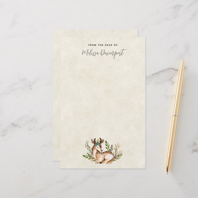 Pretty Watercolor Deer Laying Down Boho Stationery (Front/Back In Situ)