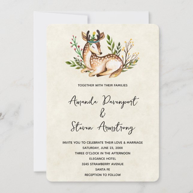 Pretty Watercolor Deer Laying Down Boho Wedding Invitation (Front)