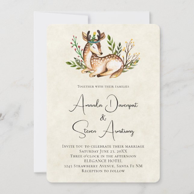 Pretty Watercolor Deer Laying Down Boho Wedding Invitation (Front)