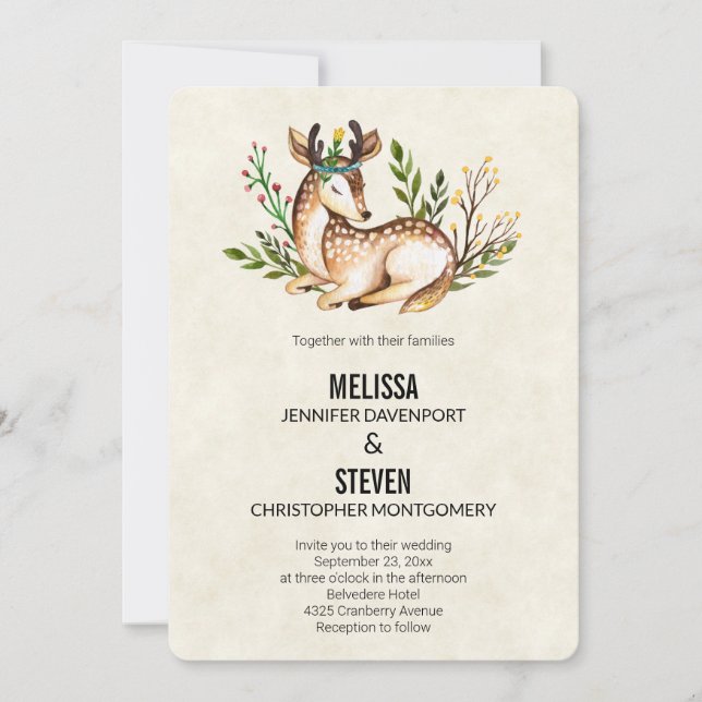 Pretty Watercolor Deer Laying Down Wedding Invitation (Front)