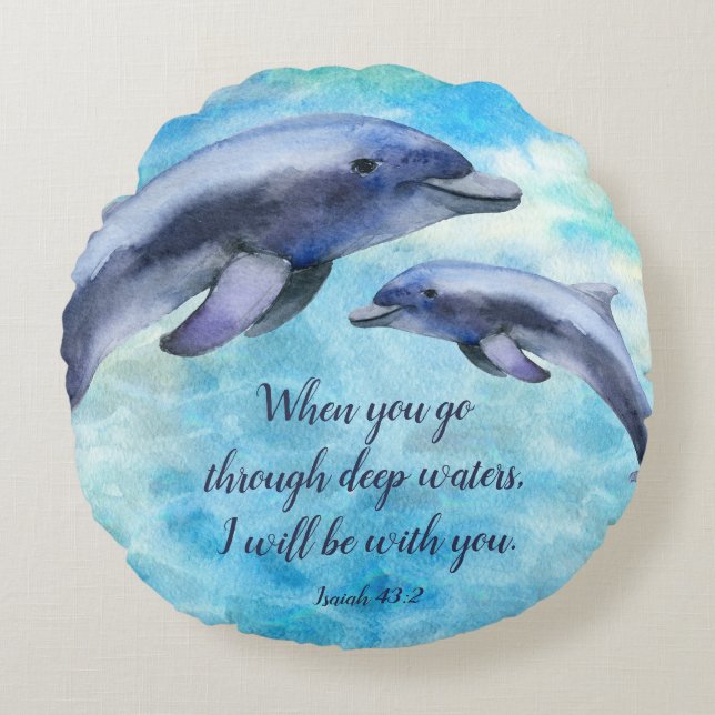 Pretty Watercolor Dolphins | Verse and Name Round Cushion (Front)