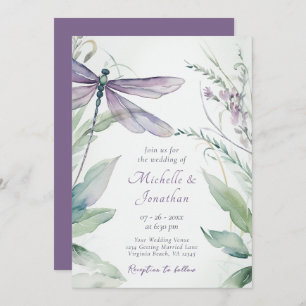 Pretty Watercolor Dragonfly and Greenery Wedding Invitation