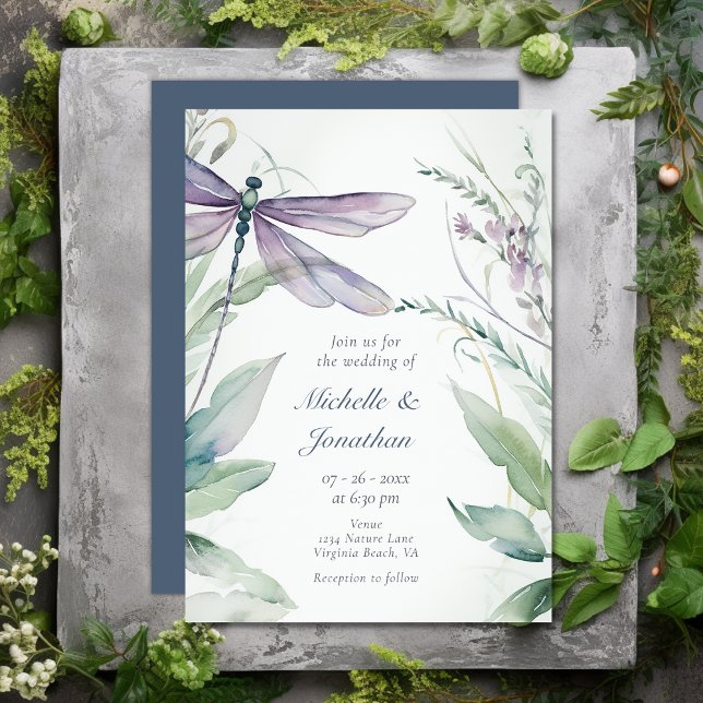 Pretty Watercolor Dragonfly and Greenery Wedding Invitation (Pretty Watercolor Dragonfly and Greenery Wedding Invitation)