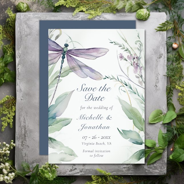 Pretty Watercolor Dragonfly and Greenery Wedding Save The Date (Pretty Watercolor Dragonfly and Greenery Wedding Save The Date)