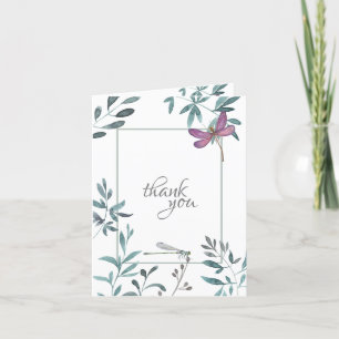 Pretty Watercolor Dragonfly Garden Greenery, White Thank You Card