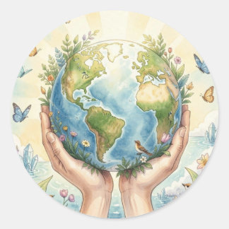 Pretty Watercolor Earth, Butterflies and Birds Classic Round Sticker