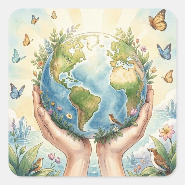 Pretty Watercolor Earth, Butterflies and Birds Square Sticker (Front)