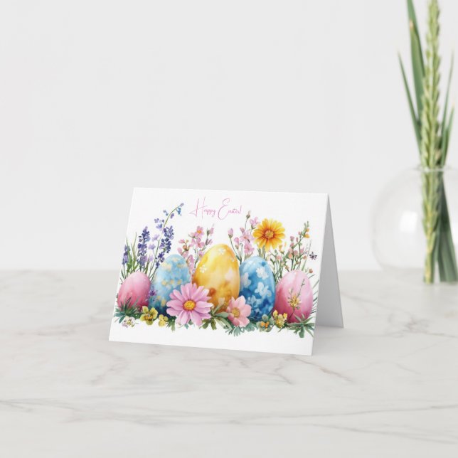 Pretty Watercolor Easter Eggs Holiday Card (Front)