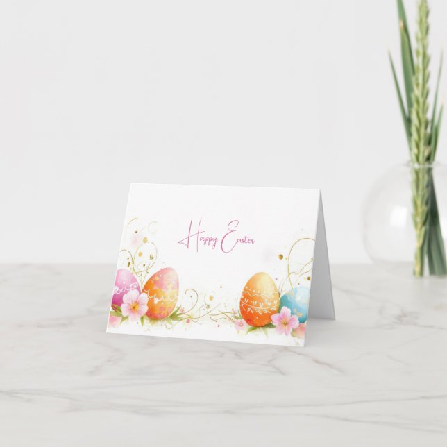 Pretty Watercolor Easter Eggs Holiday Card (Front)