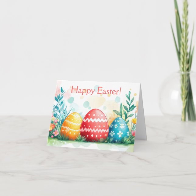 Pretty Watercolor Easter Eggs Holiday Card (Front)