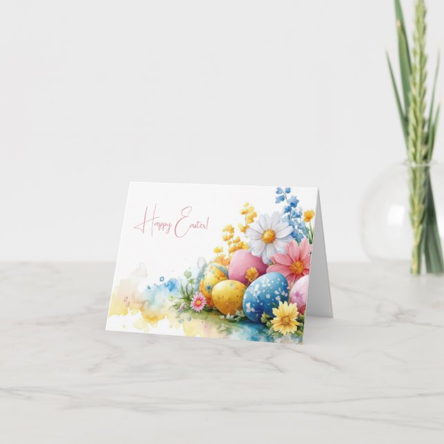 Pretty Watercolor Easter Eggs Holiday Card (Front)