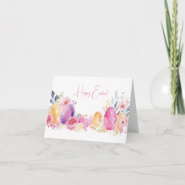 Pretty Watercolor Easter Eggs Holiday Card (Front)