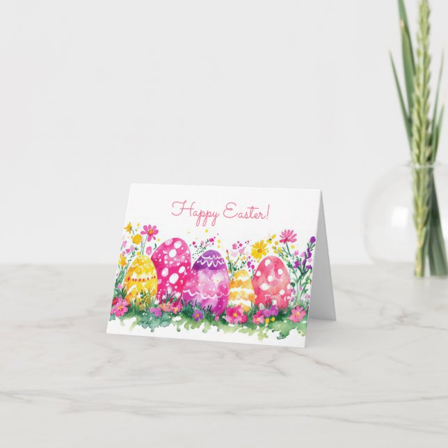 Pretty Watercolor Easter Eggs Holiday Card (Front)
