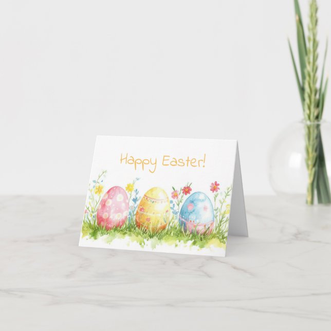 Pretty Watercolor Easter Eggs Holiday Card (Front)