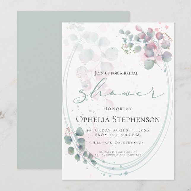 Pretty Watercolor Eucalyptus Foliage Bridal Shower Invitation (Front/Back)