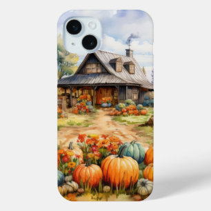 PRETTY WATERCOLOR FALL AUTUMN BARN & PUMPKINS iPhone 15 MINI CASE