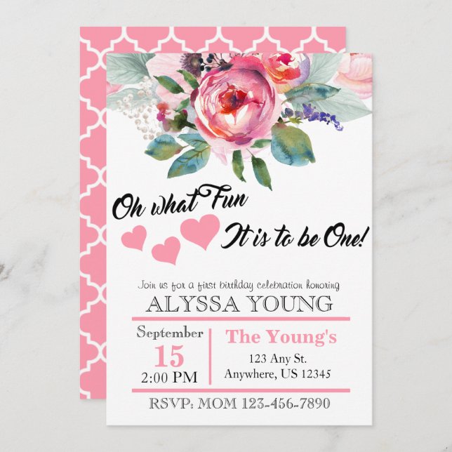 Pretty Watercolor Floral 1st Birthday Invitation (Front/Back)