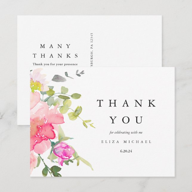 Pretty Watercolor Floral Baby Shower Thank You Postcard (Front/Back)