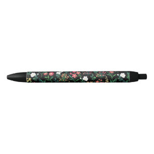 Pretty Watercolor Floral Black Botanical Black Ink Pen