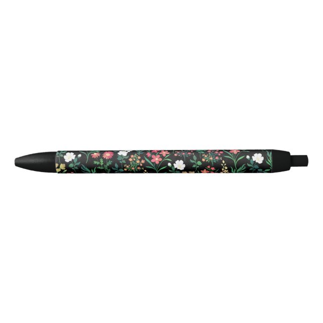 Pretty Watercolor Floral Black Botanical Black Ink Pen (Front)