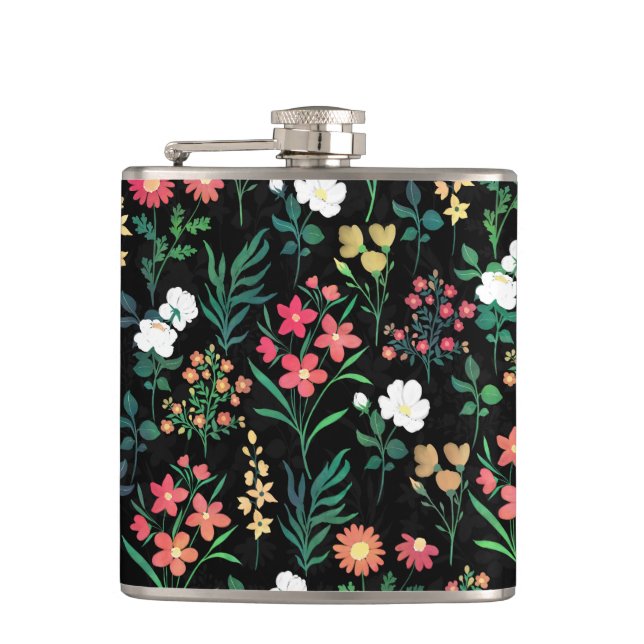 Pretty Watercolor Floral Black Botanical Hip Flask (Front)