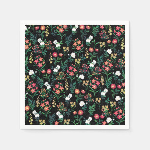 Pretty Watercolor Floral Black Botanical Napkin