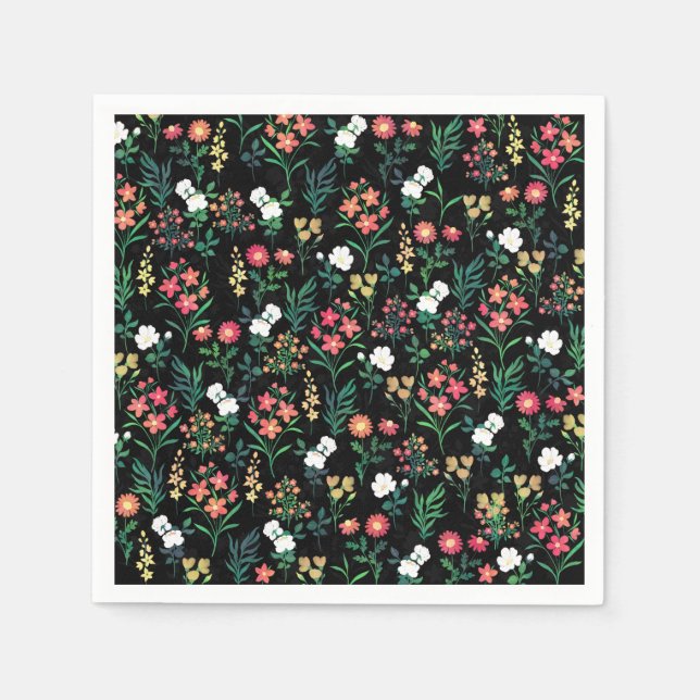 Pretty Watercolor Floral Black Botanical Napkin (Front)