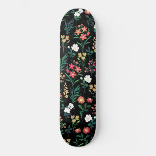 Pretty Watercolor Floral Black Botanical Skateboard