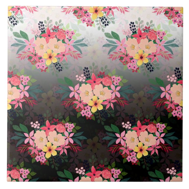 Pretty Watercolor Floral Black White Ombre Design Tile (Front)