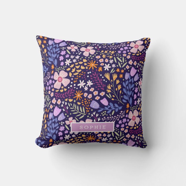 Pretty Watercolor Floral Blooming Custom Name Cushion (Front)