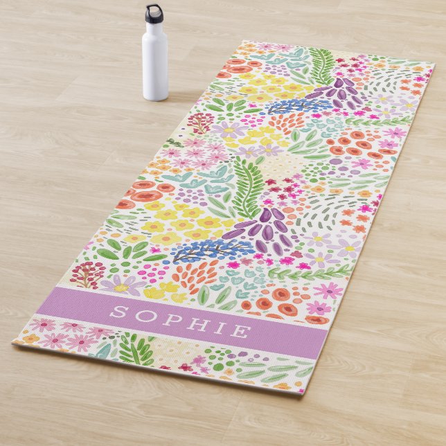 Pretty Watercolor Floral Blooming Custom Name Yoga Mat (In Situ)
