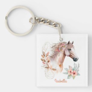 Pretty Watercolor Floral Boho Horse Keychain