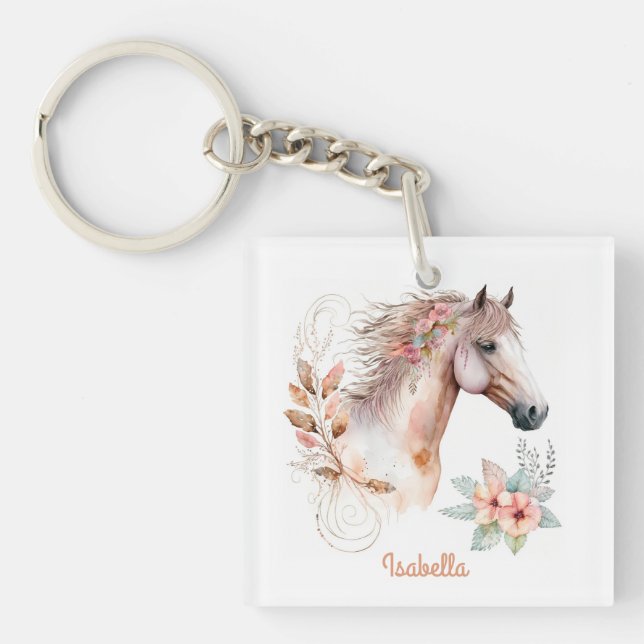 Pretty Watercolor Floral Boho Horse Keychain (Front)