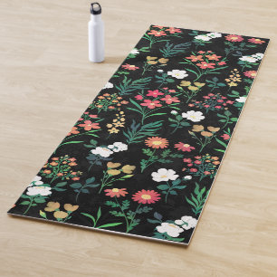 Pretty Watercolor Floral Botanical Black Pattern Yoga Mat