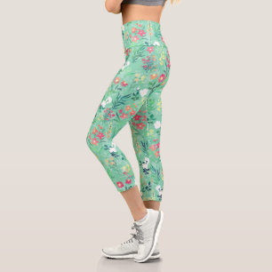 Pretty Watercolor Floral Botanical Green Pattern Capri Leggings