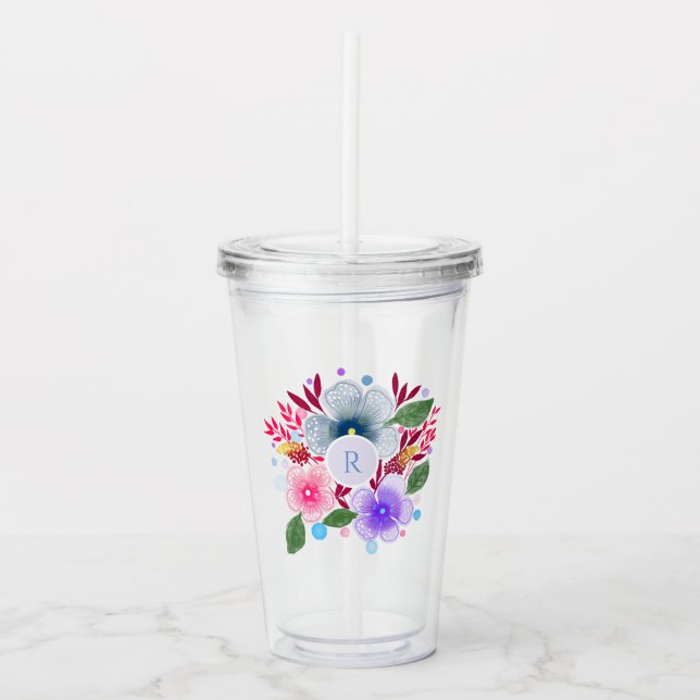 Pretty Watercolor Floral Bouquet Monogram Acrylic Tumbler (Front)